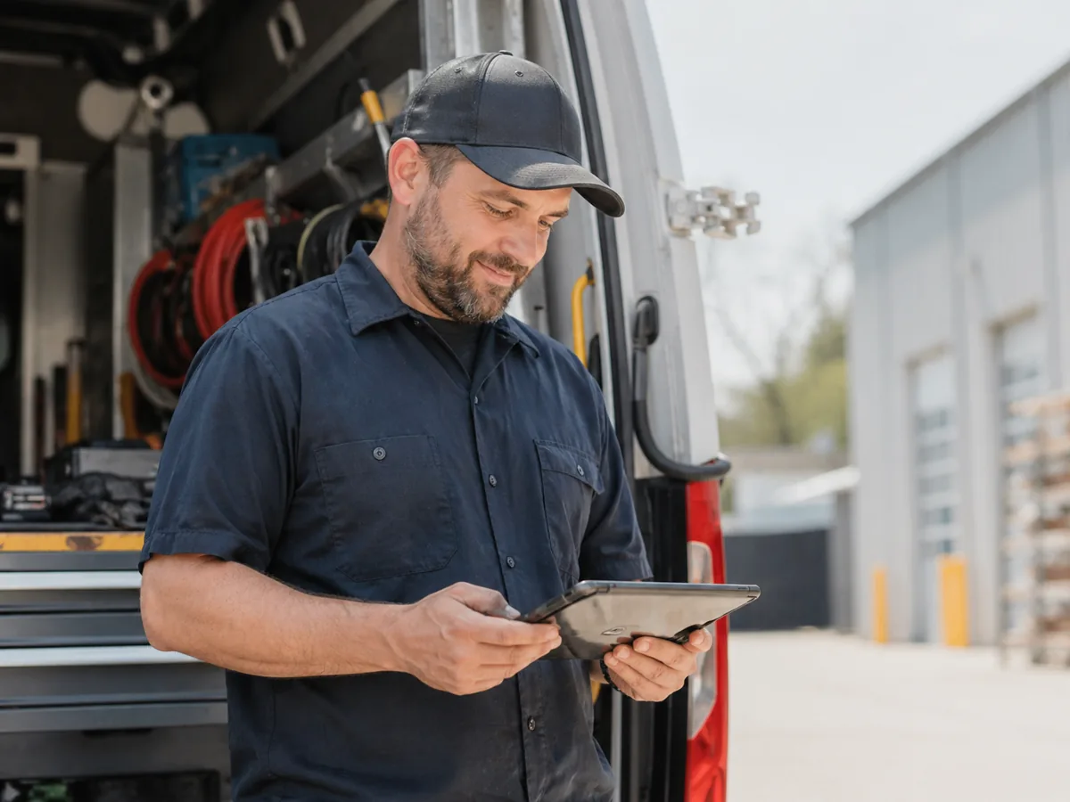 Tradesperson at a service truck on a job